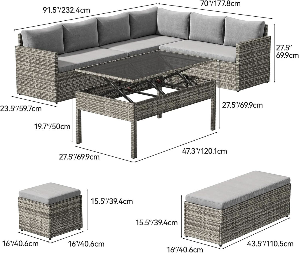 L Shaped Sectional Sofa Set With Lift Top Table Gray