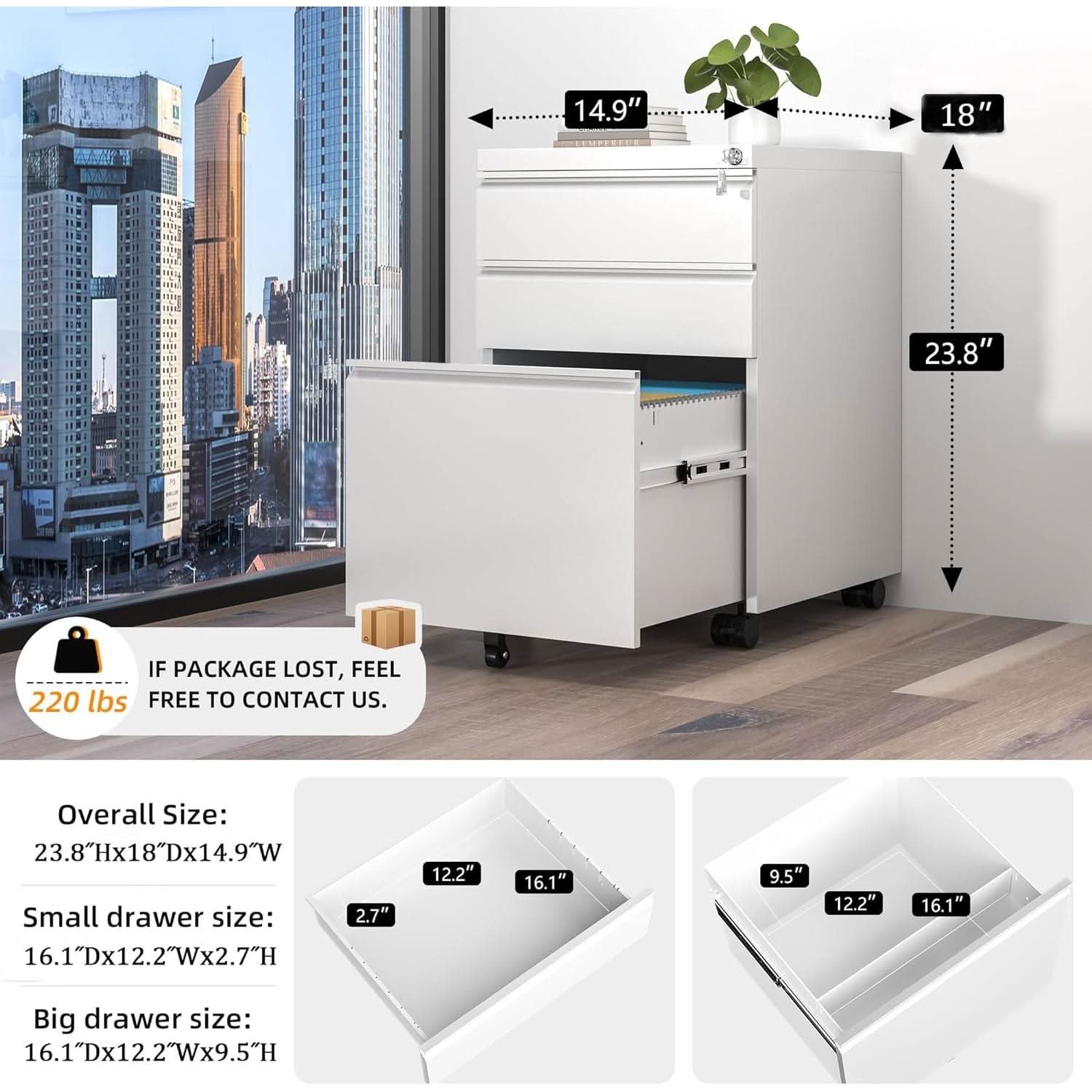 Locking 3-Drawer Rolling File Cabinet For Home Office