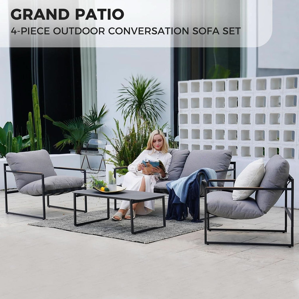 4 Piece Patio Outdoor Furniture Set With Modern Metal Sofa And Coffee Table