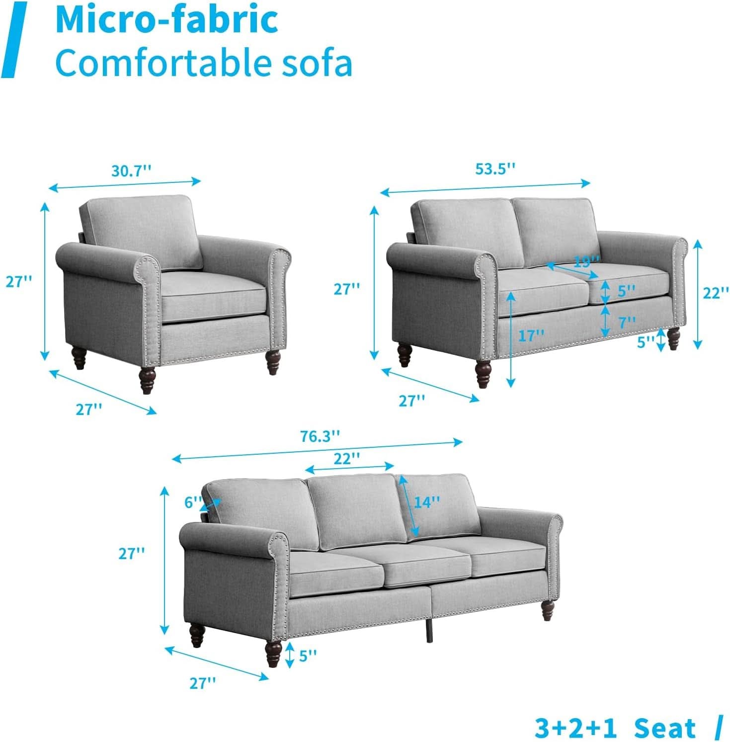 Light Grey Sofa, Loveseat, and Chair Set