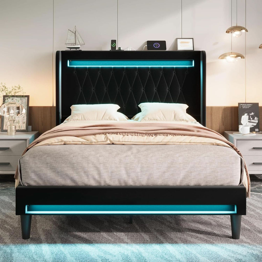 Full Size Bed Frame LED Lighting And USB Charging Black