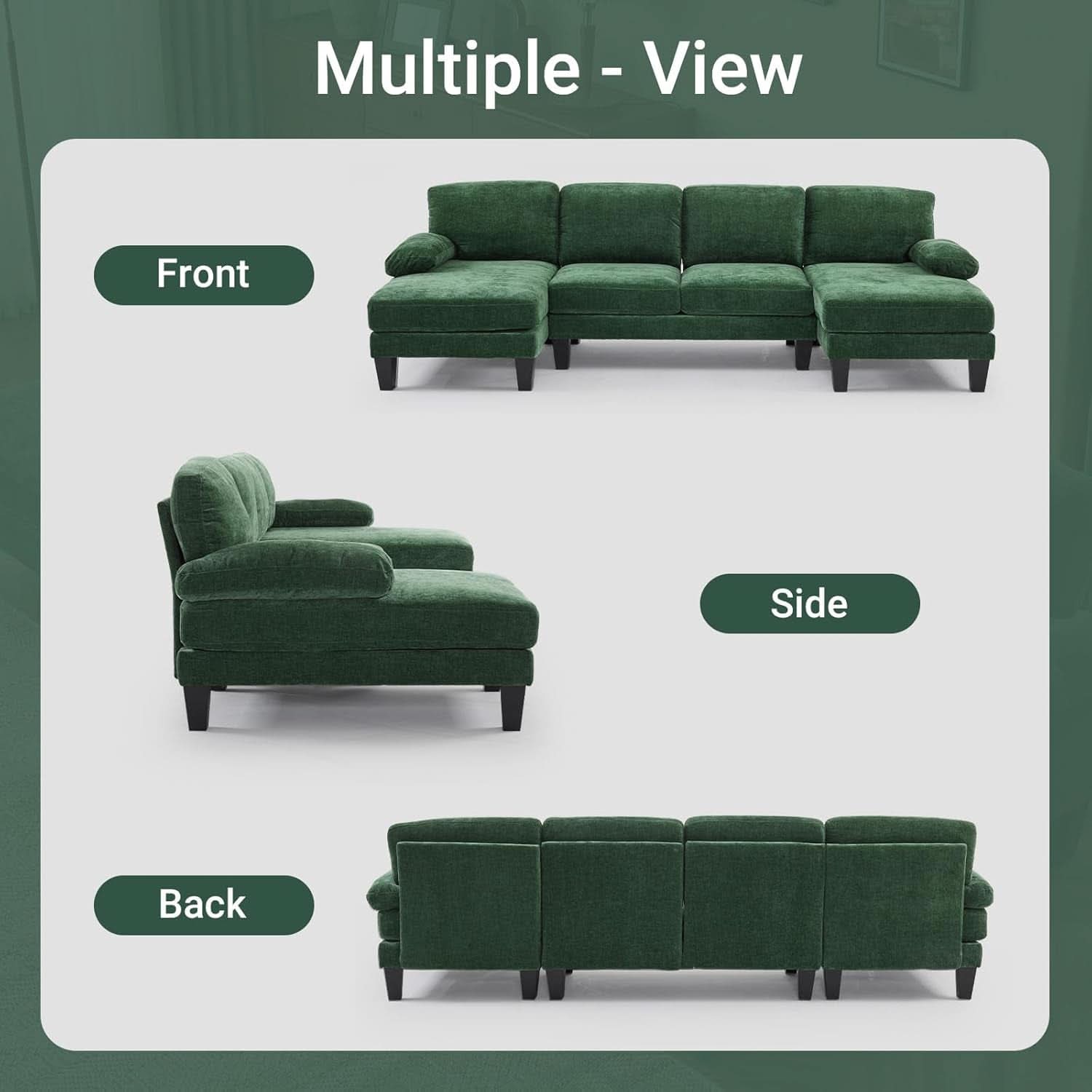 Forest Green U-Shaped Sectional Sofa with Double Chaise