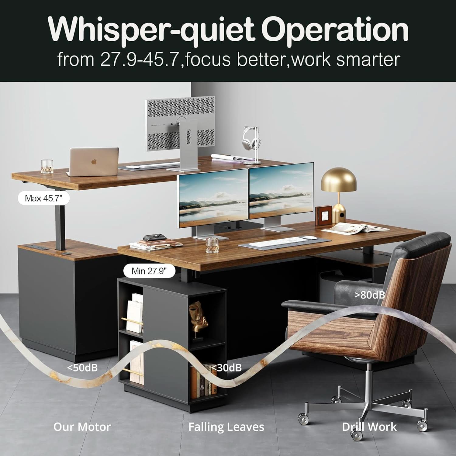 71-Inch Walnut Height-Adjustable Standing Desk with Cabinets