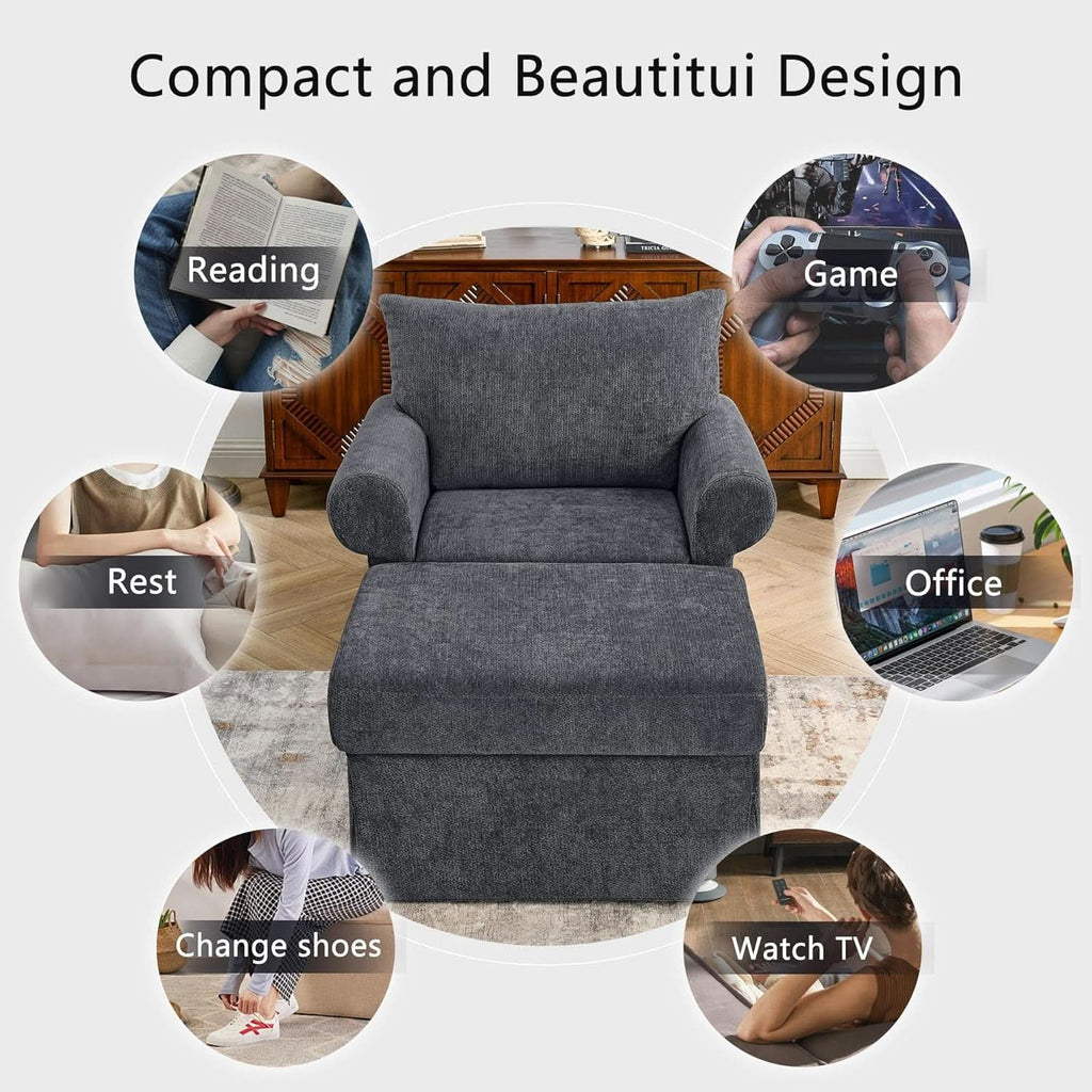 Gray 35 Inch Accent Chair With Ottoman And Chaise Lounge