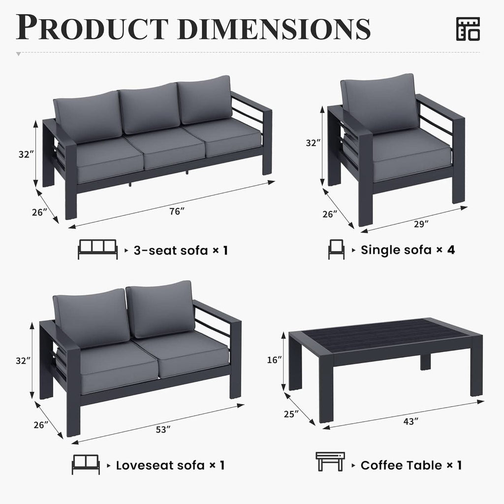 Aluminum Patio Set 7 Piece With Waterproof Covers Grey