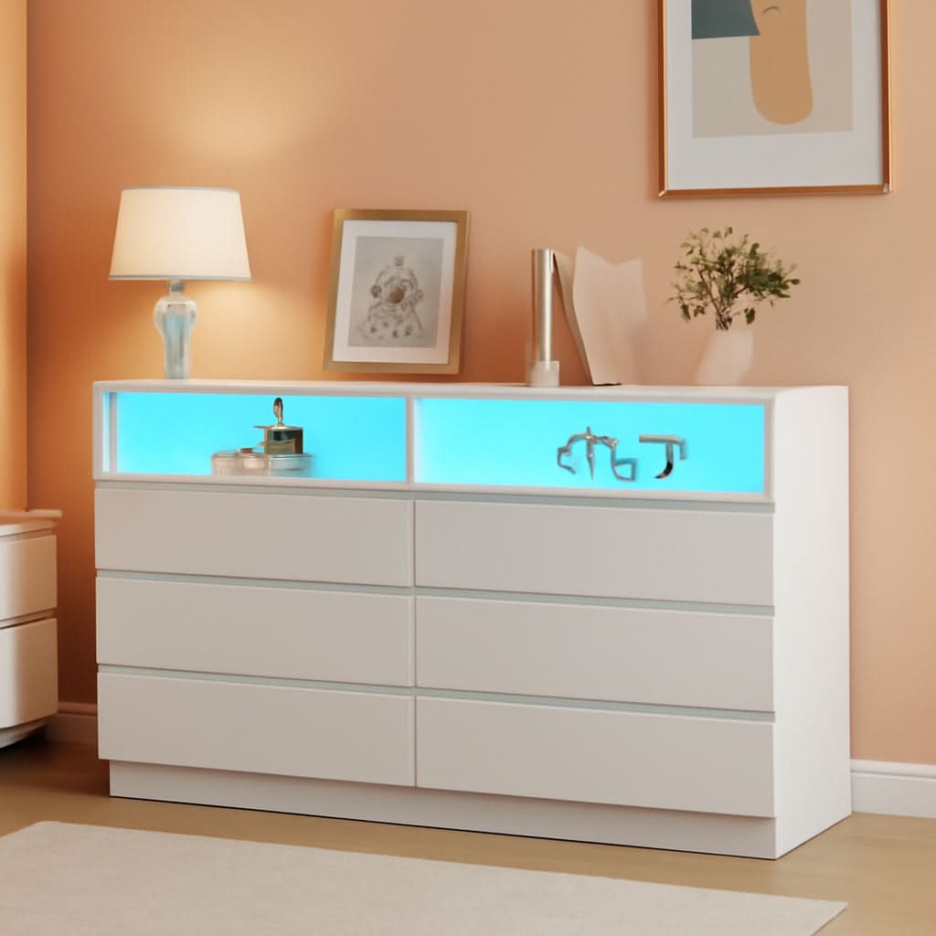 White 6 Drawer Dresser With LED Lighting And USB Ports