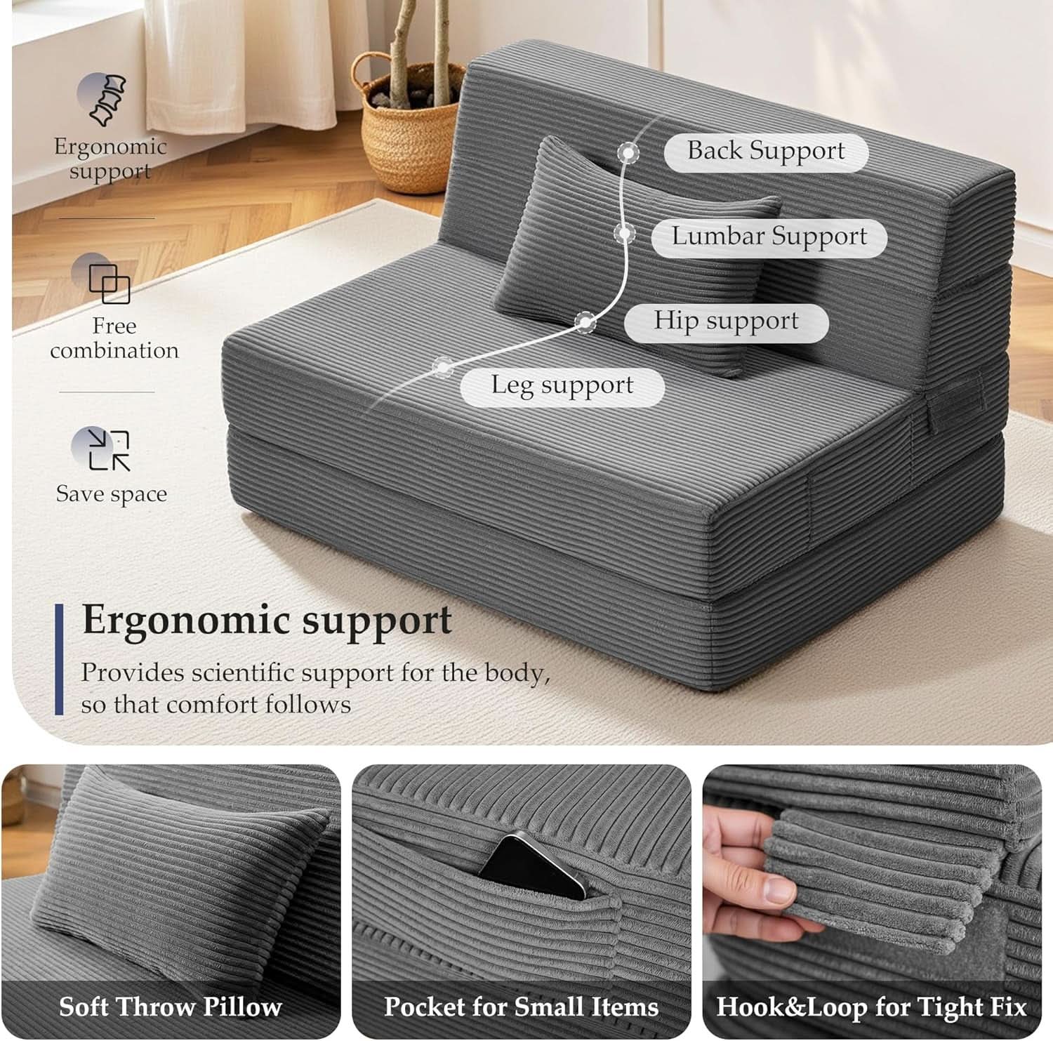 Dark Gray 4In1 Folding Memory Foam SofaBed Washable Cover