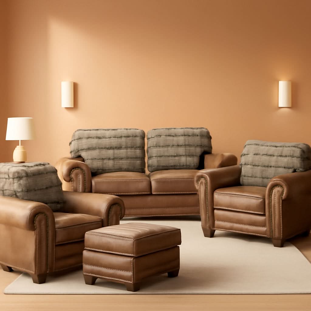 4 Piece Living Room Set Brown Leather Look Microfiber Lodge Style