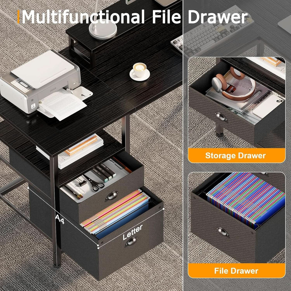 59-Inch L-Shaped Desk with Black Storage Drawers