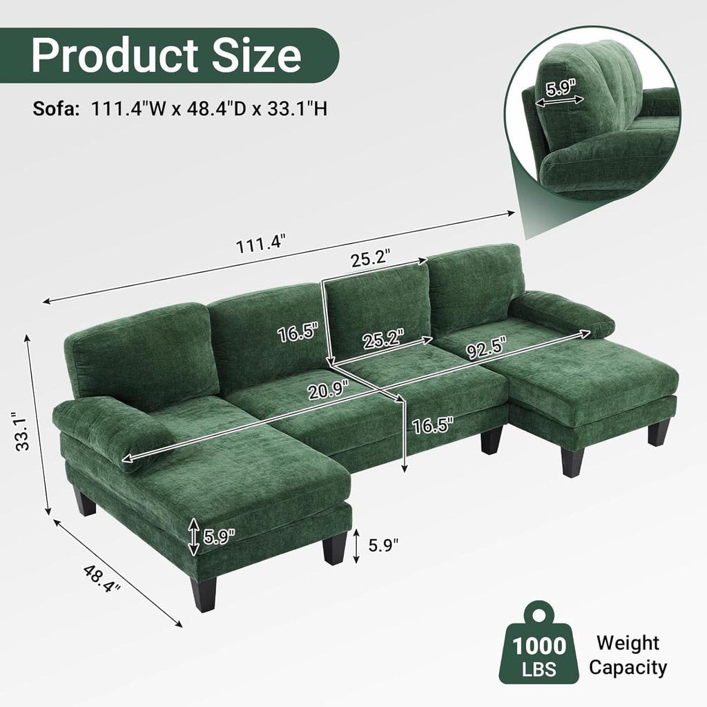 Forest Green U-Shaped Sectional Sofa with Double Chaise