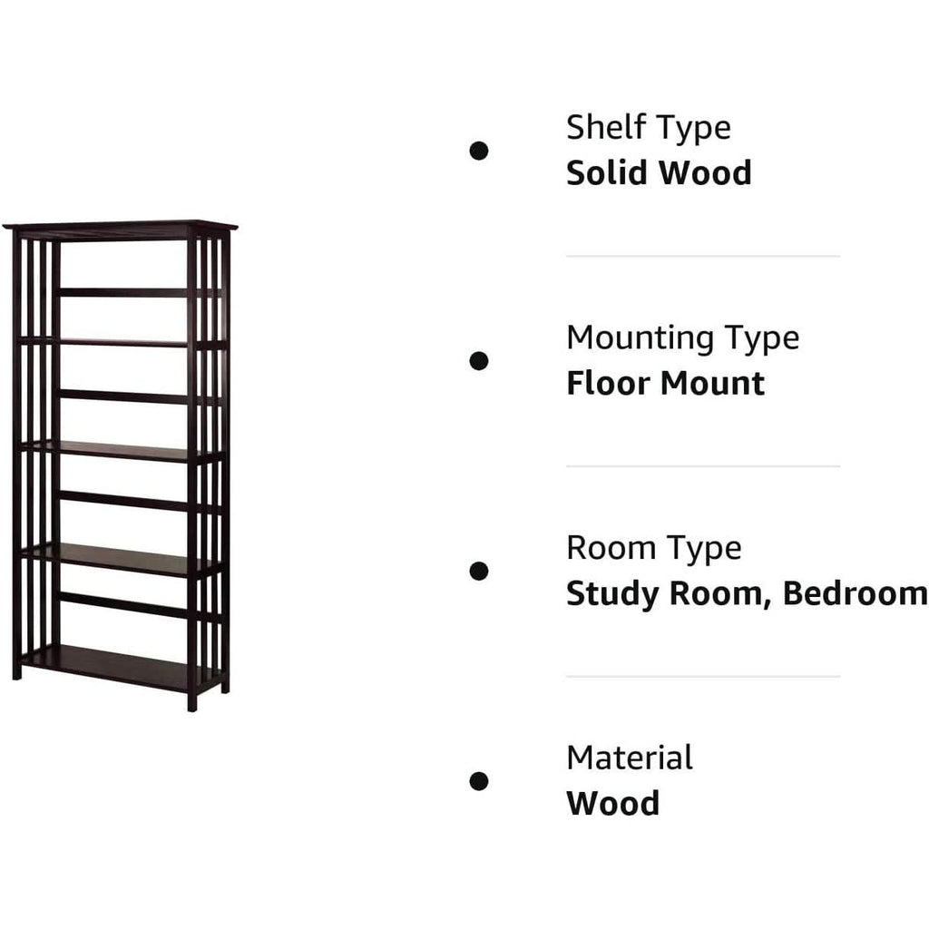 Espresso 5-Shelf Mission Bookcase Solid Wood Tall Storage