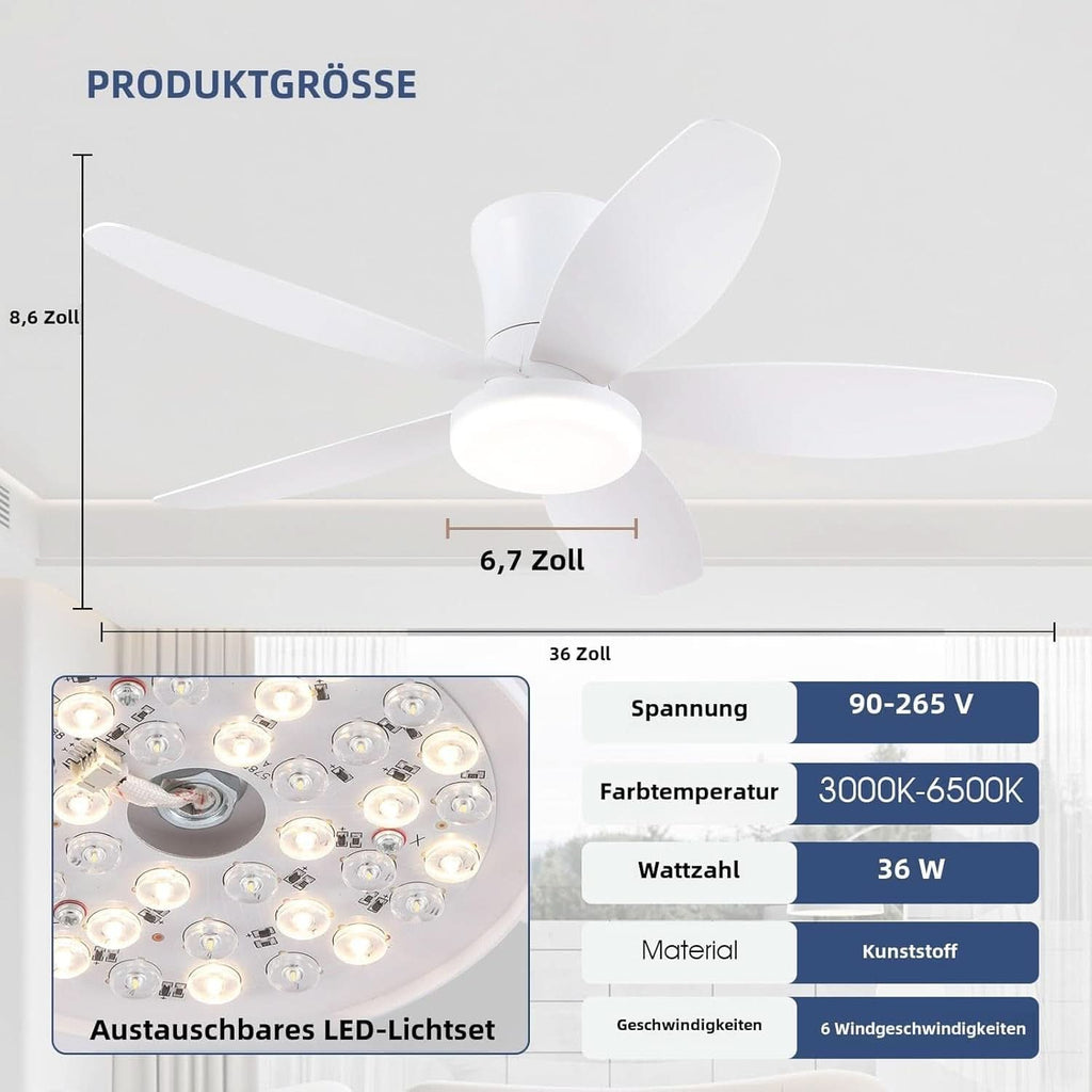 36 Inch White Ceiling Fan With Dimmable LED Remote App Control Energy Efficient