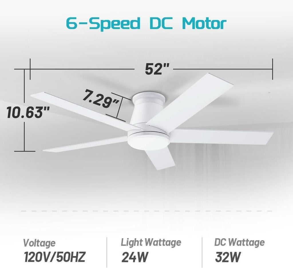 52 Inch White Ceiling Fan With Light Six Speed DC Motor