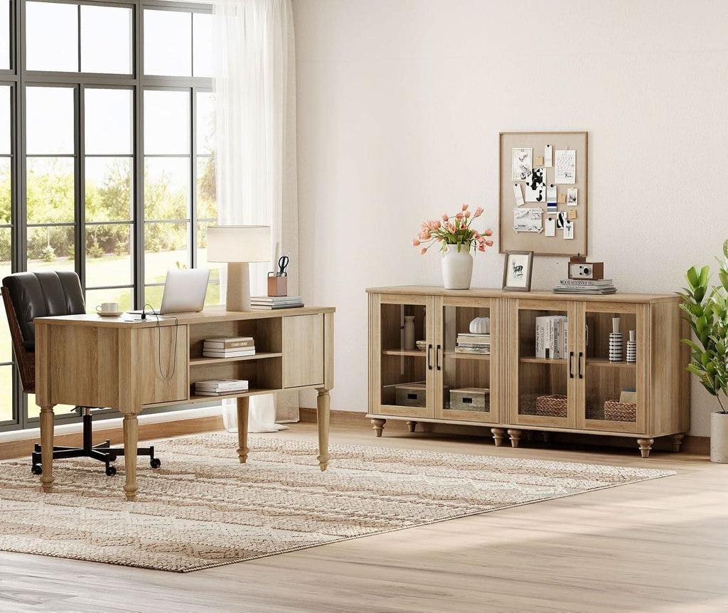 Distressed Oak Executive Desk with Glass Storage Cabinet