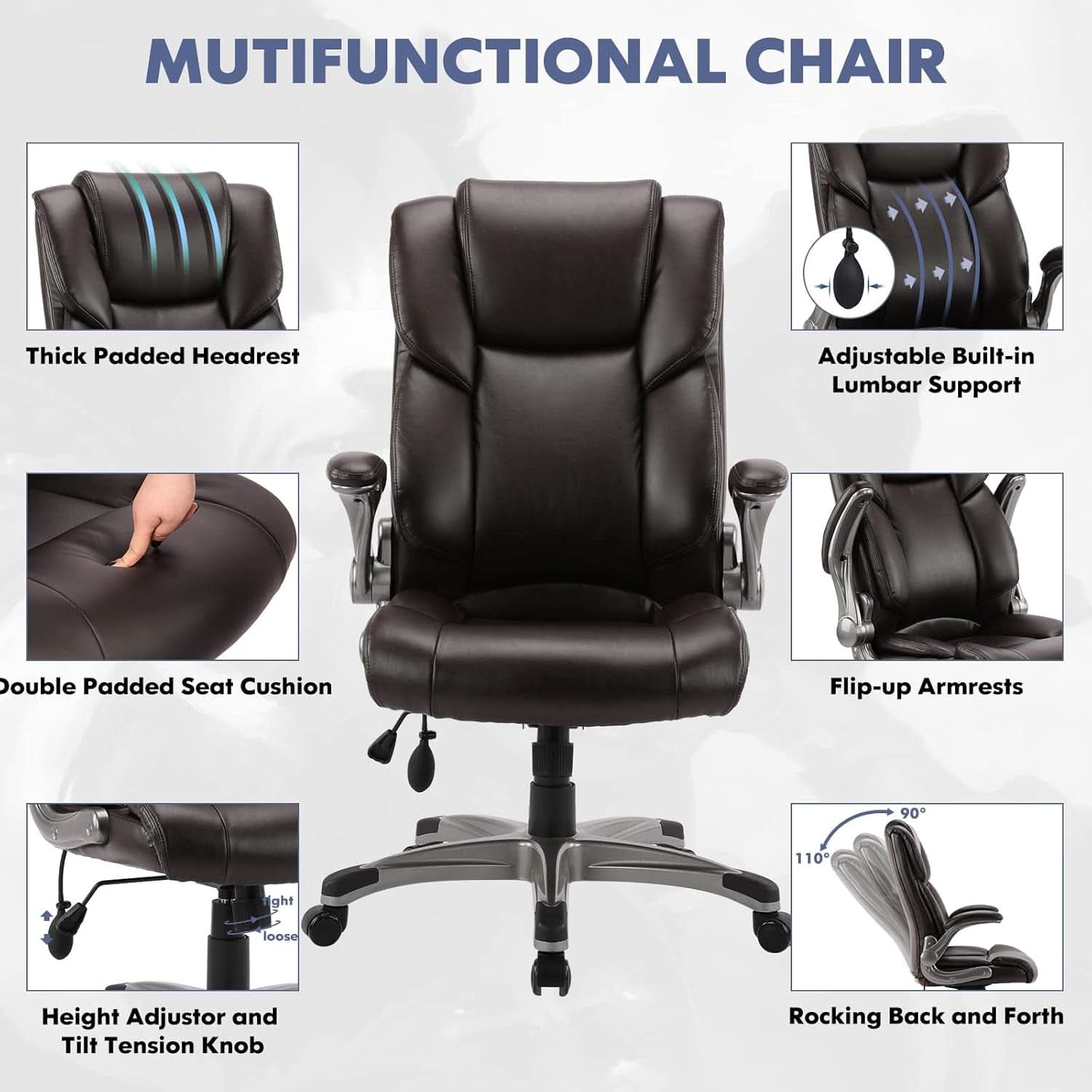 Two Brown Leather Executive Office Chairs Set With Adjustable Rolling
