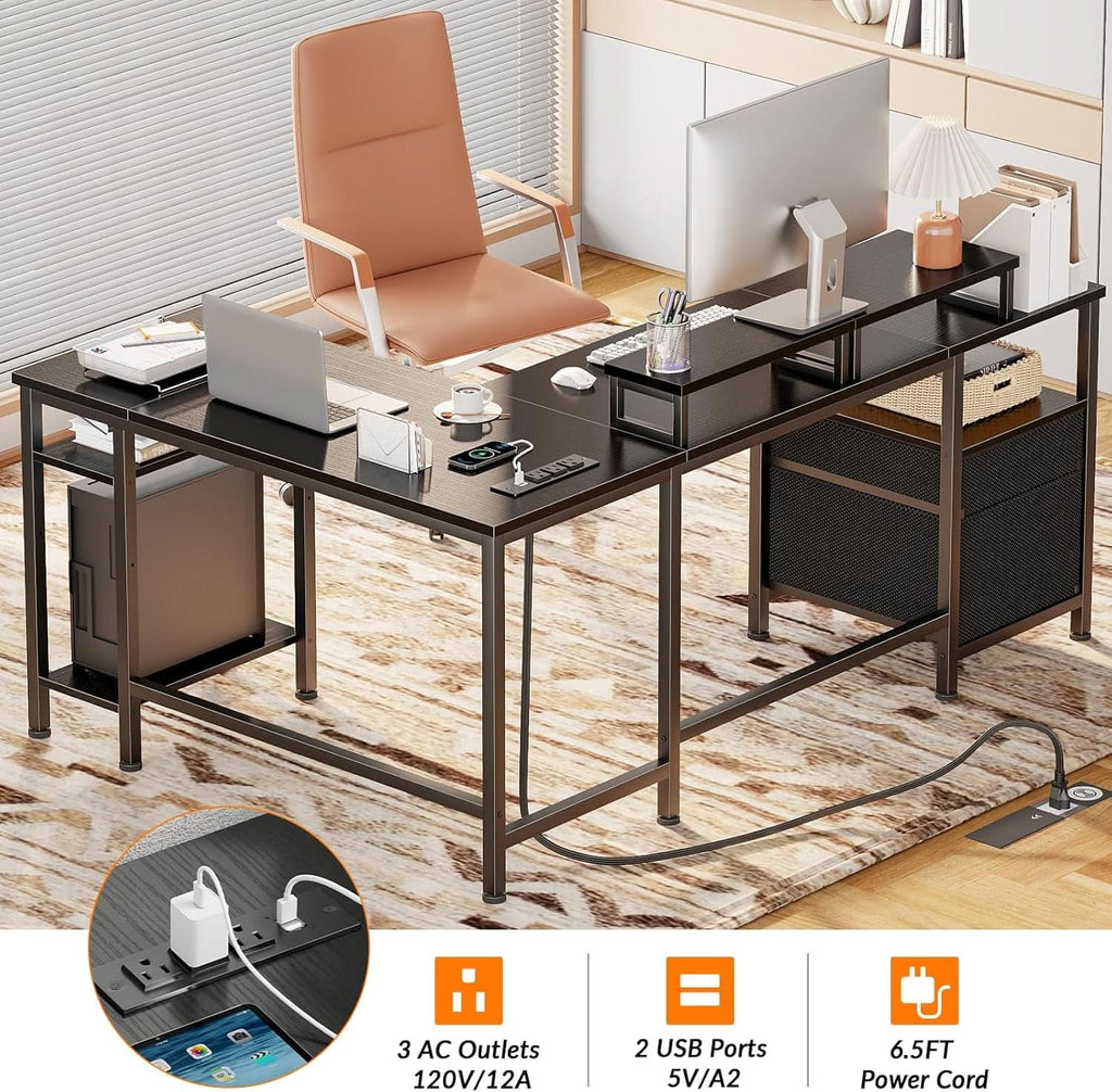 59-Inch L-Shaped Desk with Black Storage Drawers