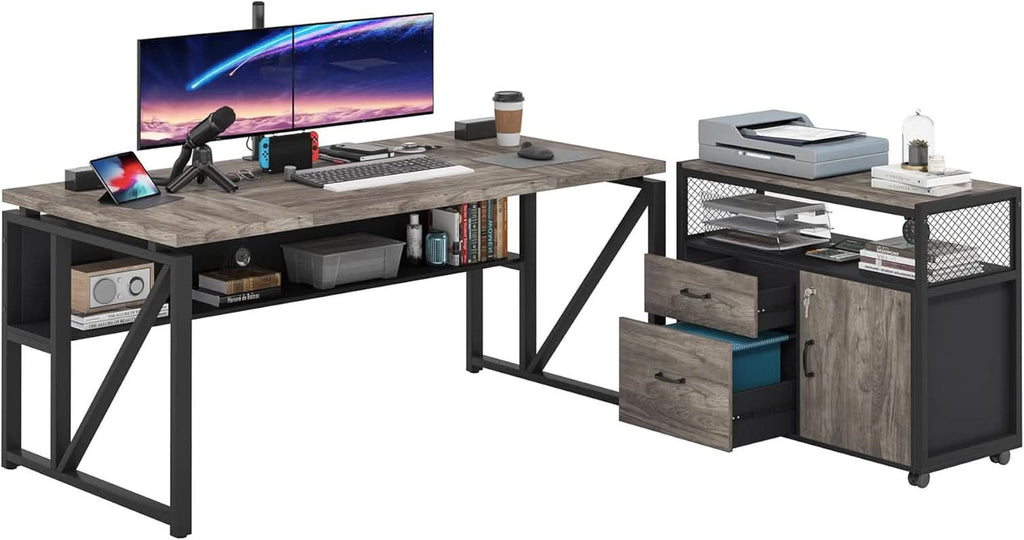 L Shaped Desk With Drawer Cabinet And Lateral File Cabinet 63 Inch Gray