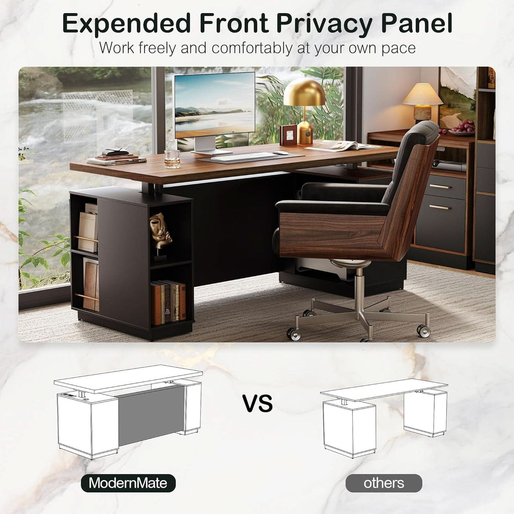 71-Inch Walnut Height-Adjustable Standing Desk with Cabinets