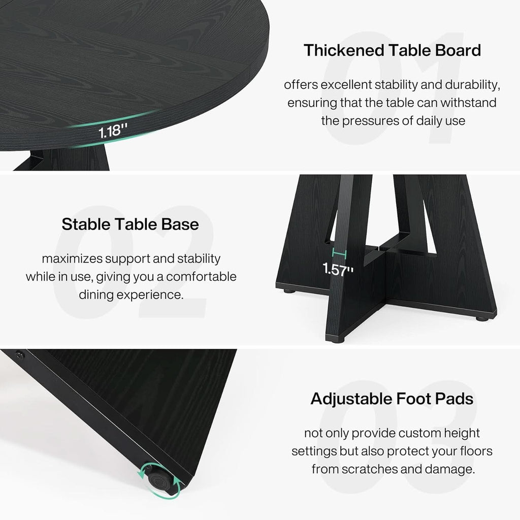 Round Wood Dining Table Farmhouse 47 Inch For Dining Room With Cross Base Black