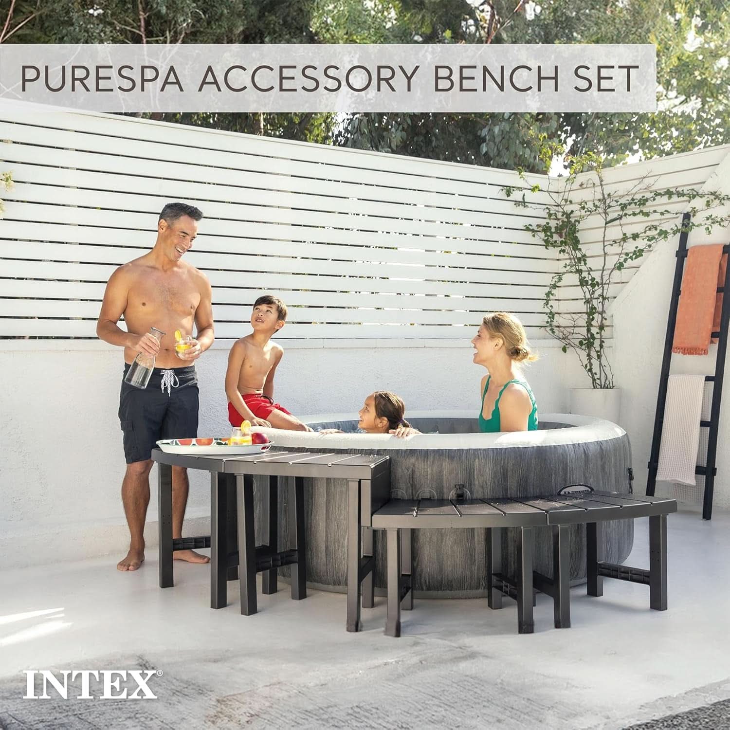 Two Medium Height PureSpa Benches For Four Person Spas Featuring Curved Seating Set