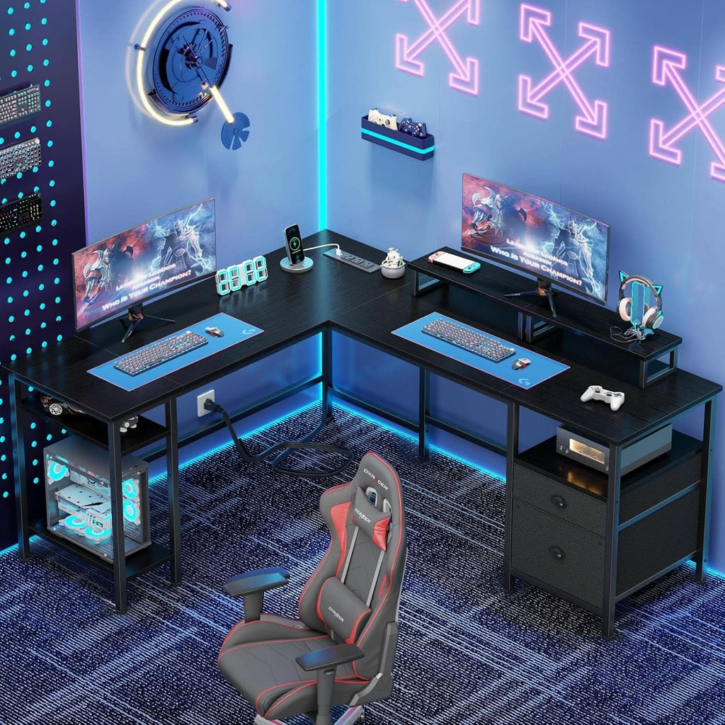 59-Inch L-Shaped Desk with Black Storage Drawers