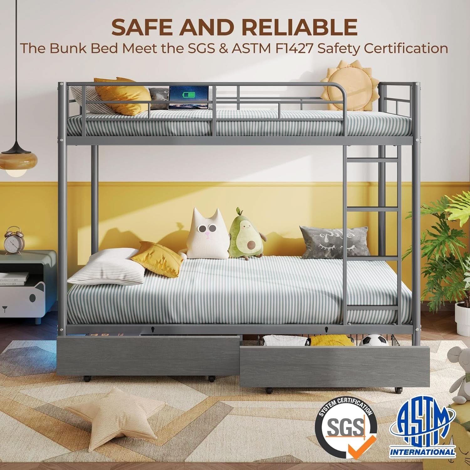 Grey Metal Twin Bunk Bed With USB Charging And Drawers