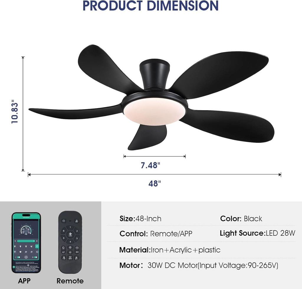 48 Inch Black Ceiling Fan With DC Motor Remote LED