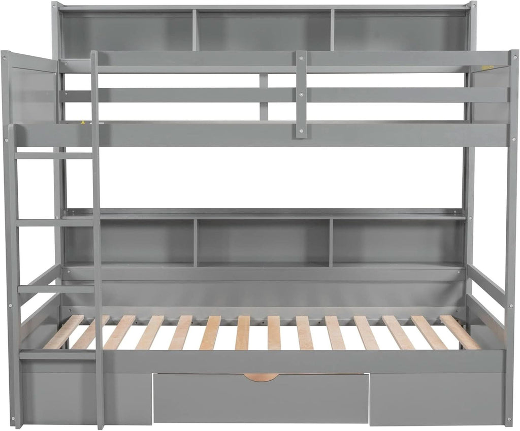 Gray Twin Over Twin Bunk Bed With Storage Drawers Shelves