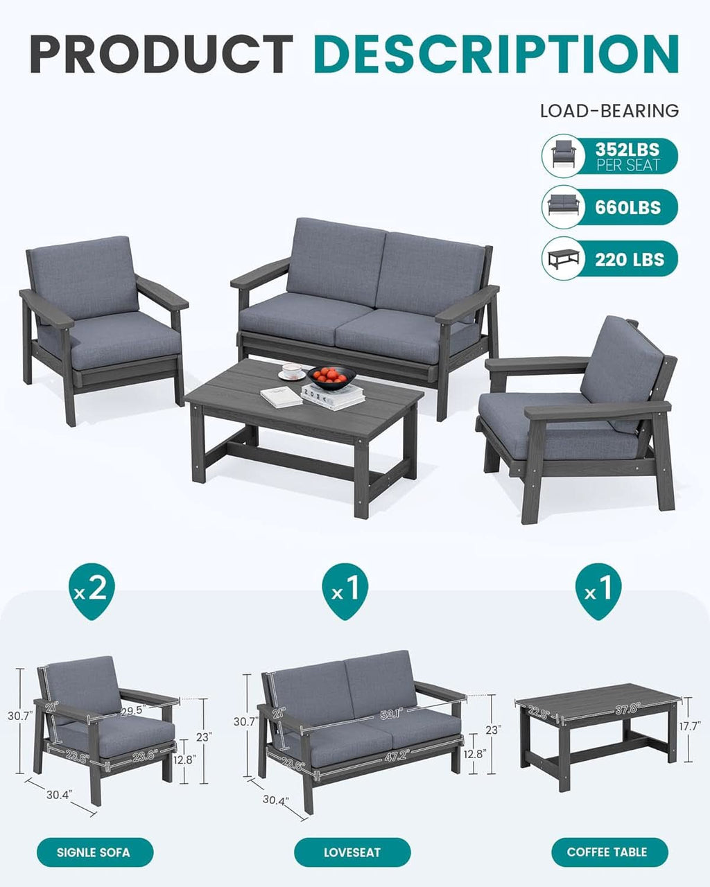 4 Piece All Weather Outdoor Sofa Sectional Set