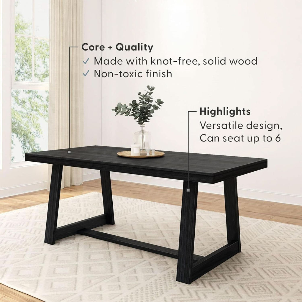 72 Inch Farmhouse Dining Table Solid Wood Black Wirebrush