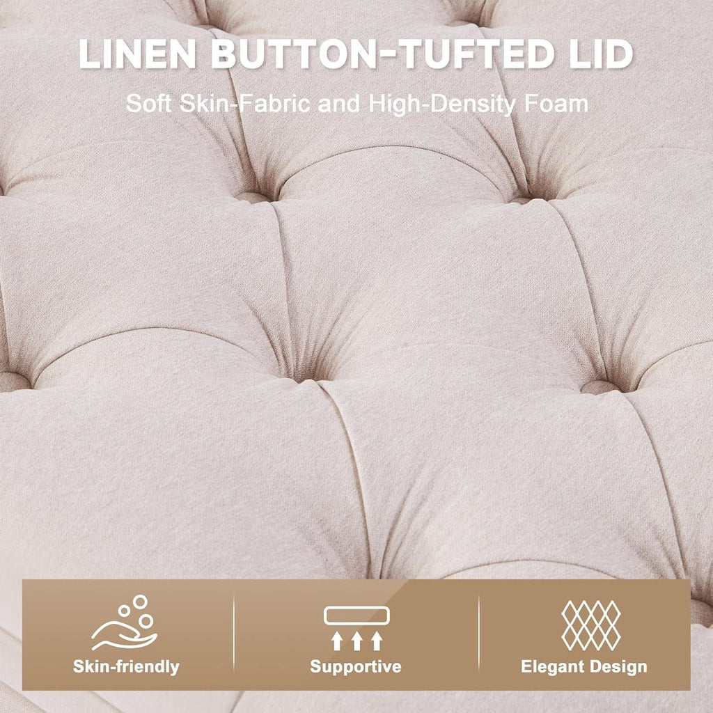 50 Inch Beige Tufted Storage Ottoman Bench Upholstered