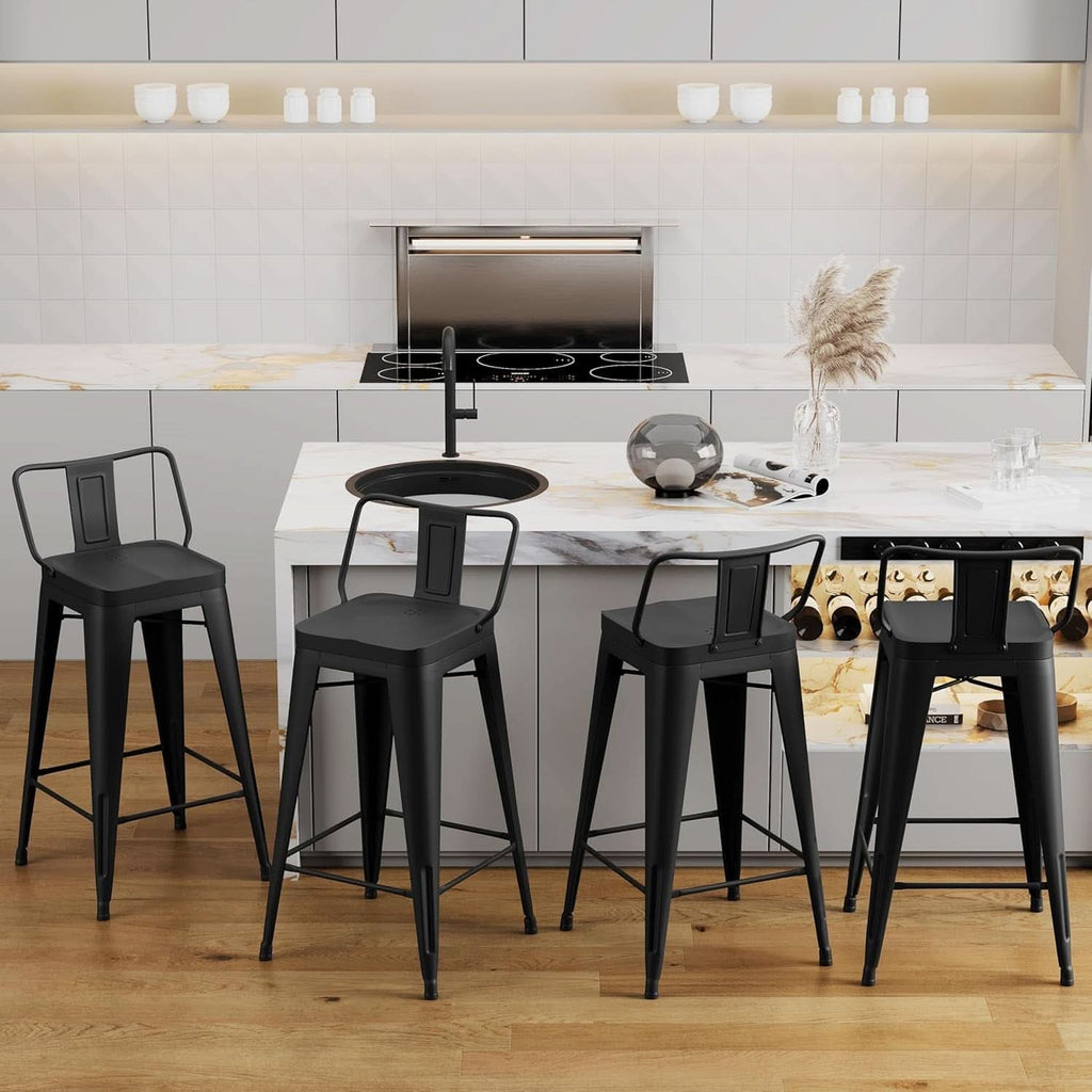26 Inch Black Industrial Metal Bar Stools Set Of 4 For Indoor Outdoor Weather Resistant Ergonomic Comfort