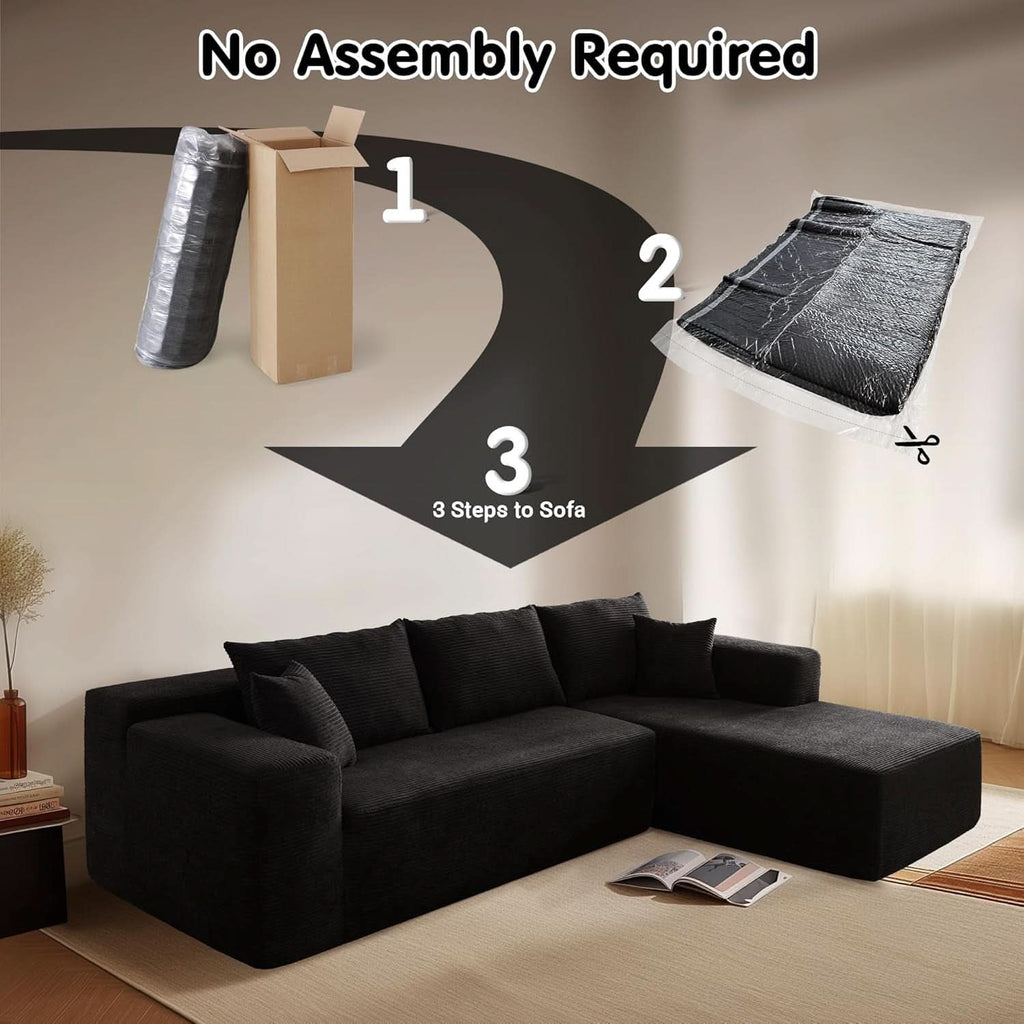 Black Corduroy L-Shaped Sectional Sofa