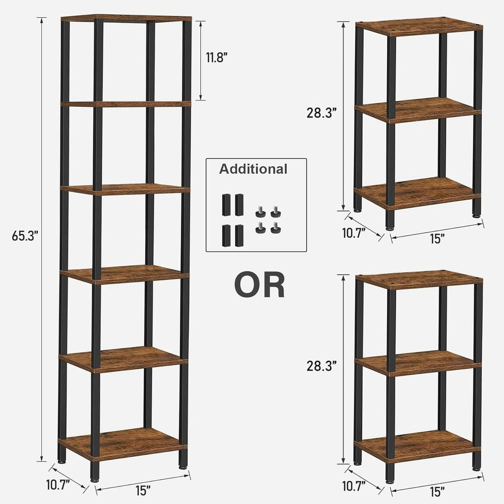 Six Tier Tall Bookshelf Narrow Rustic Brown Bookcase