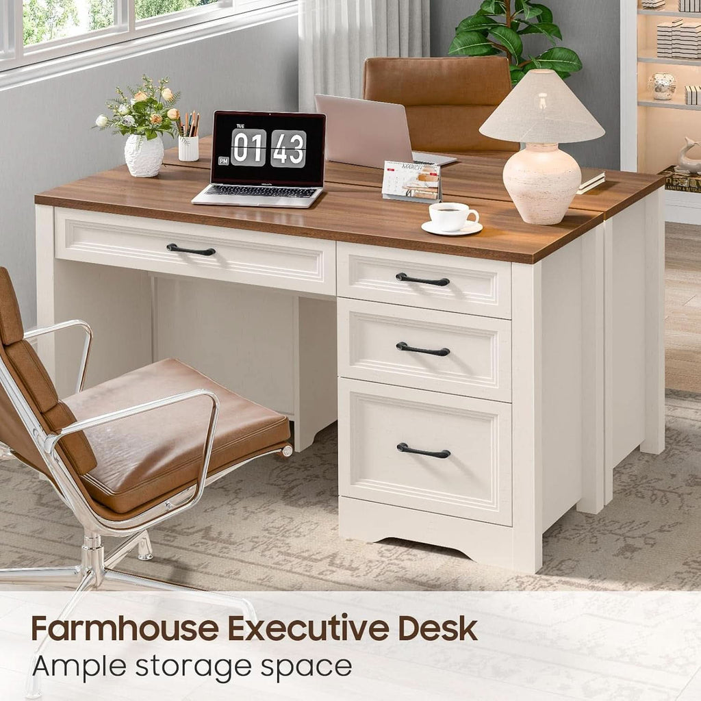 White Farmhouse Executive Desk With Storage And File Drawer