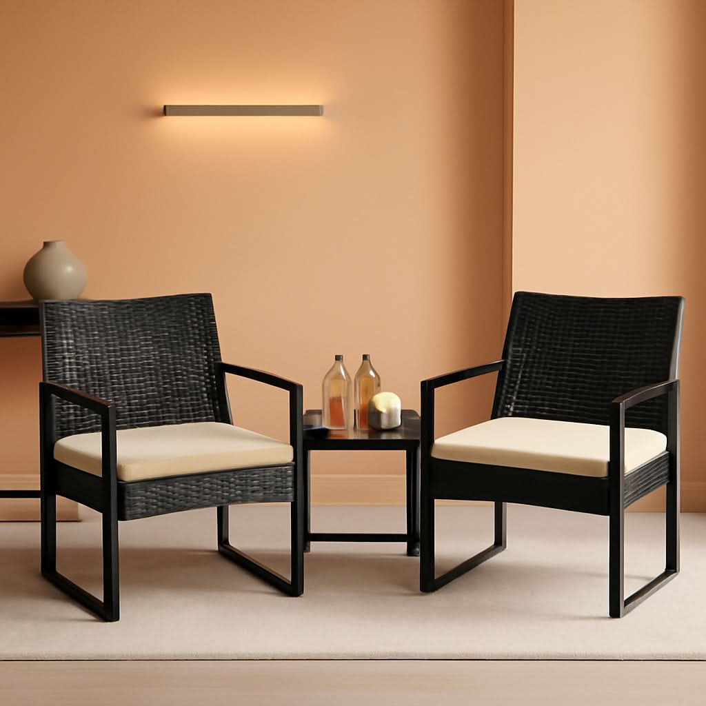 3 Piece Rattan Bistro Set Outdoor Furniture With 2 Chairs And Tempered Glass Coffee Table Black And Khaki