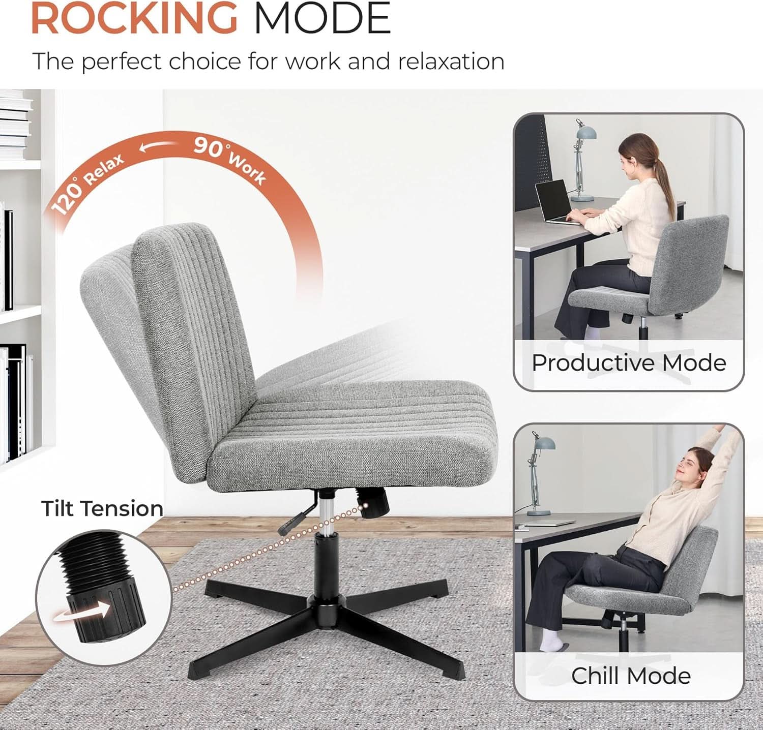 Cross Legged Office Chair Grey Wide Seat Adjustable Height