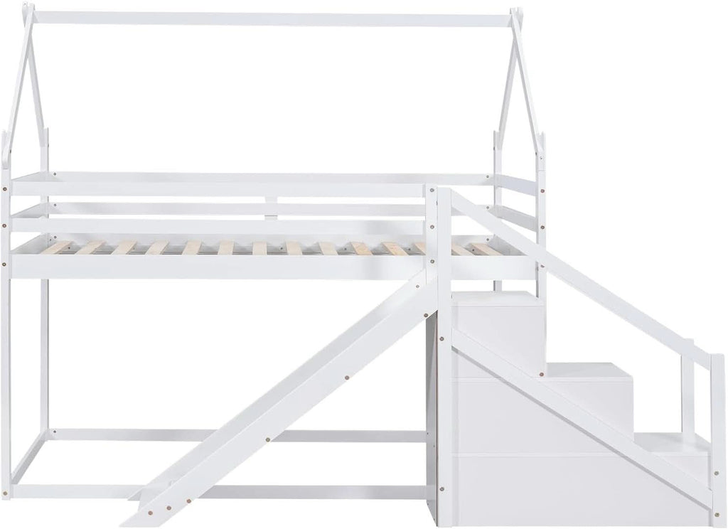 White House Twin Over Twin Bunk Bed With Slide And Stairs