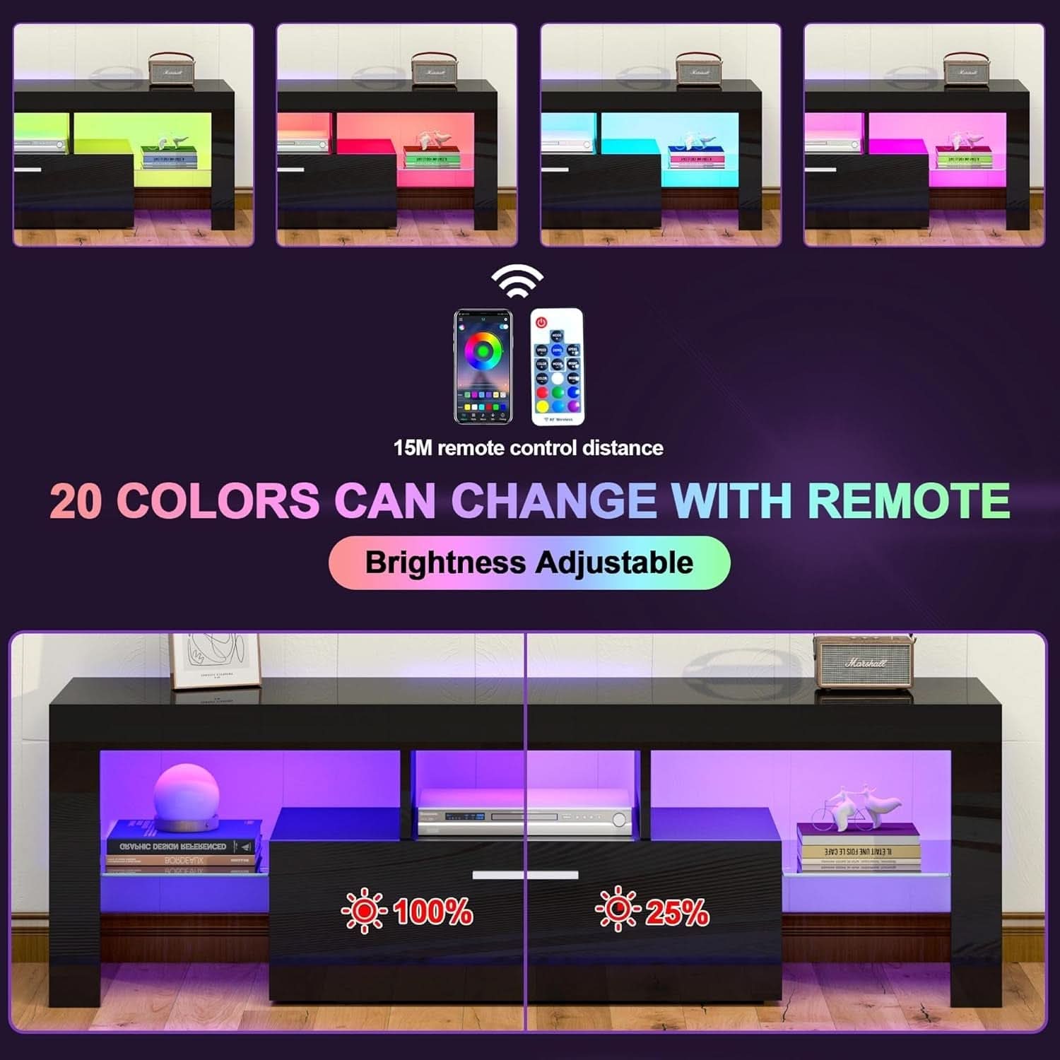 Black LED TV Stand With Large Storage Drawer For TVs Up To 55 Inches