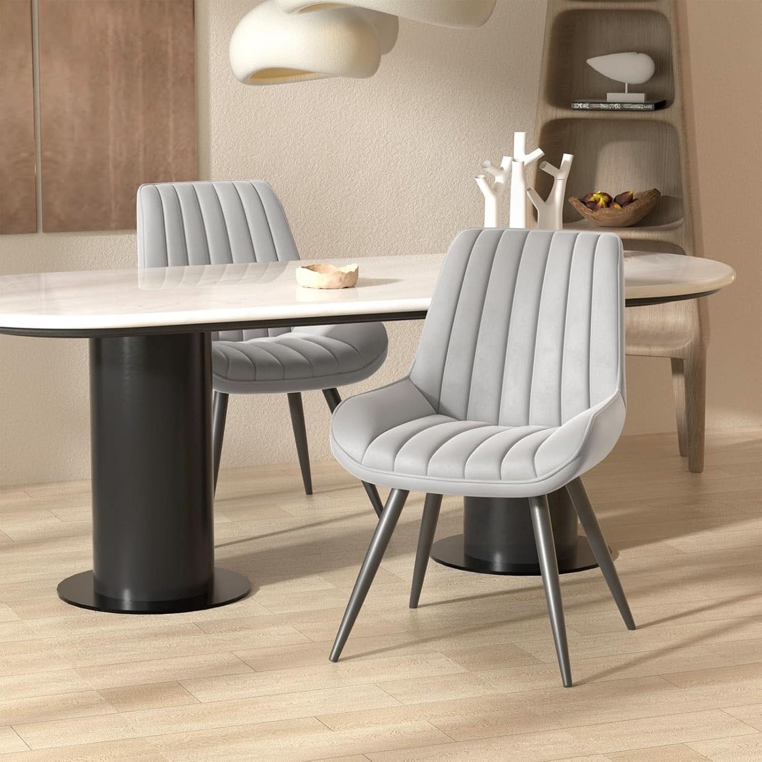 Grey Upholstered Dining Chairs Set Of 4 With Thick Cushions And Metal Legs