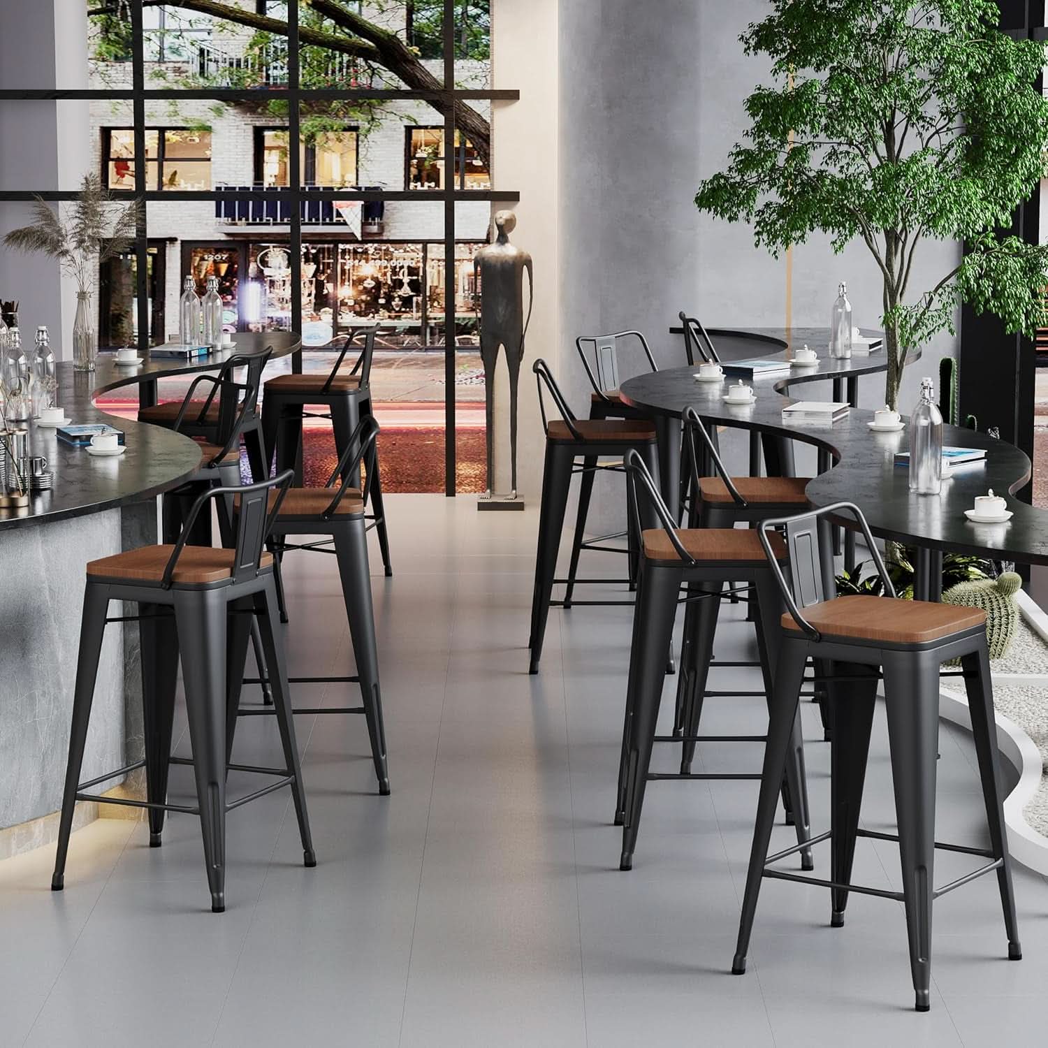 30 Inch Low Back Metal Barstools With Wooden Seat