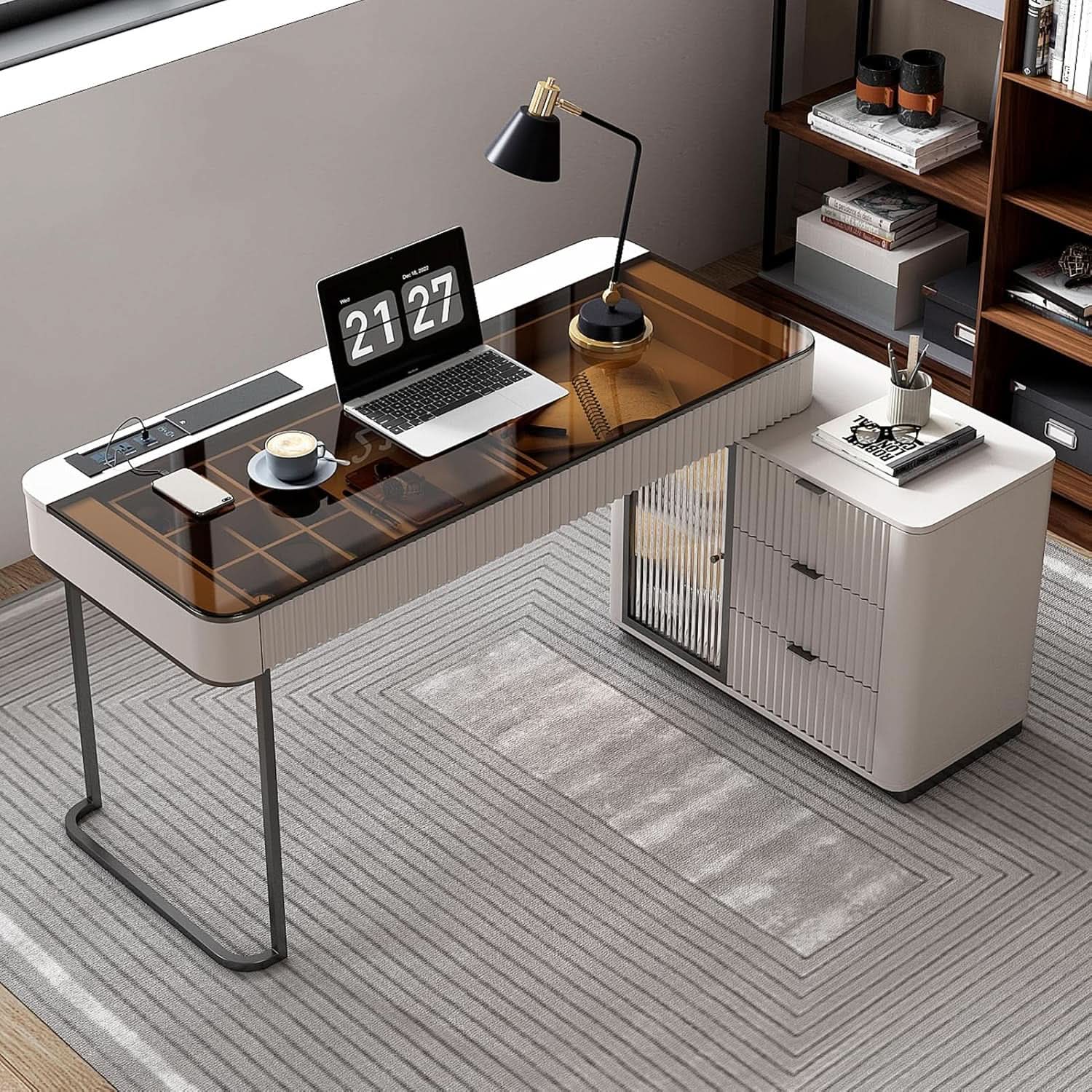 Ivory 50-Inch Office Desk with Cabinet and LED Lighting