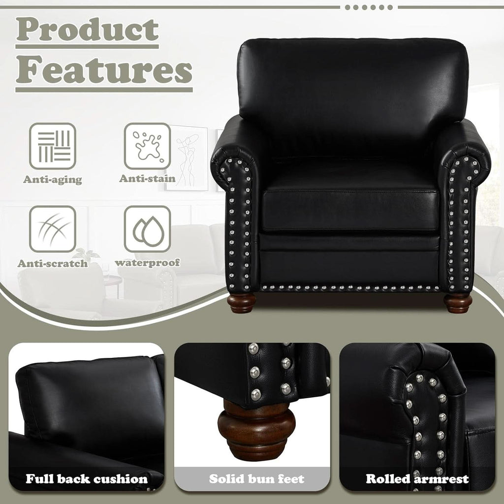 Two Piece Upholstered PU Leather Sofa Set With Hidden Storage Black Mid Century Modern