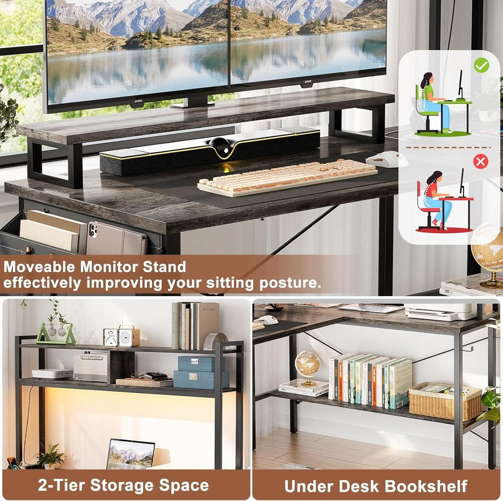 L Shaped Gaming Desk With Power Outlets And Grey Oak