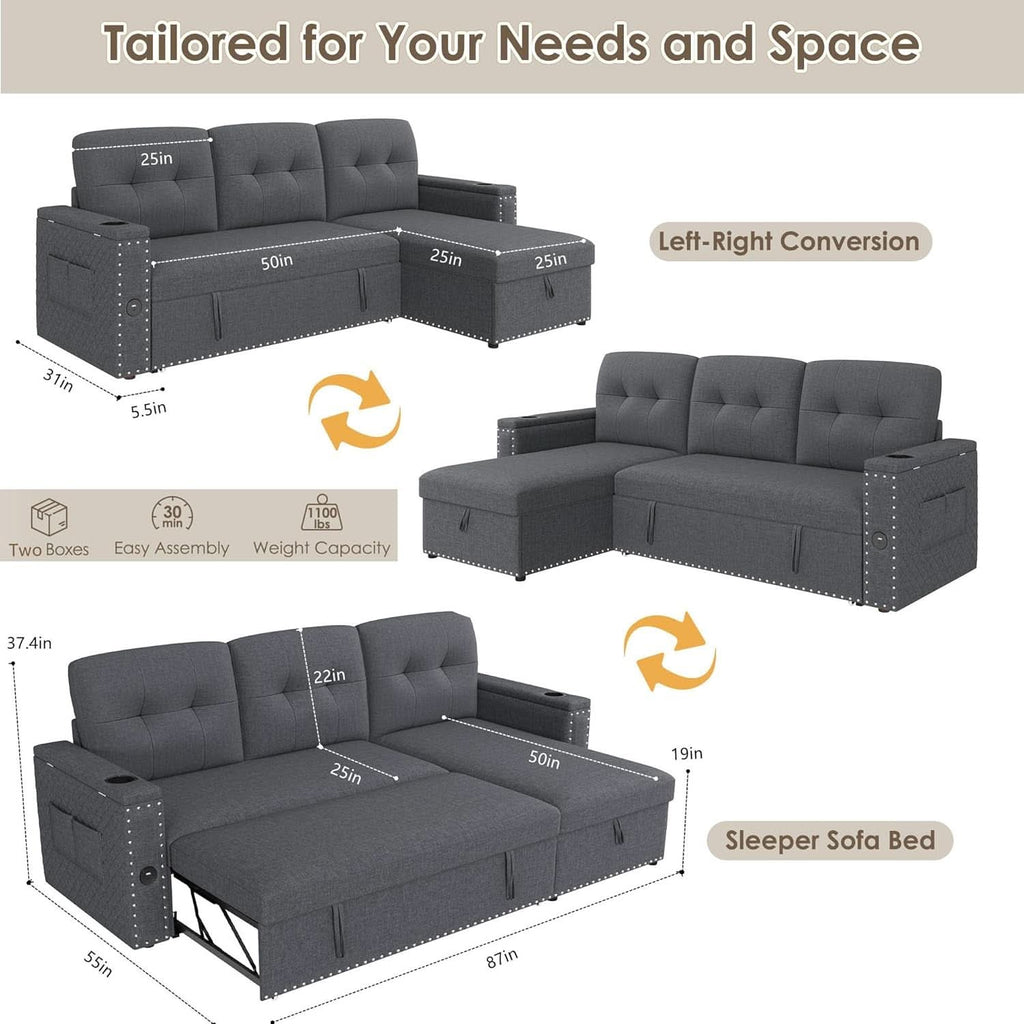 L Shaped Sleeper Sofa Bed with Storage and USB Port