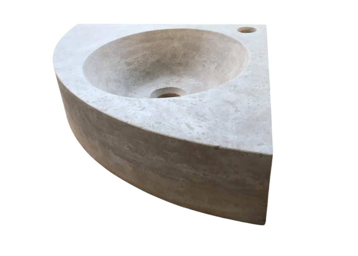 Light Beige Travertine Wall-Mount Corner Sink (W)15.7" (L)15.7" (H)4"