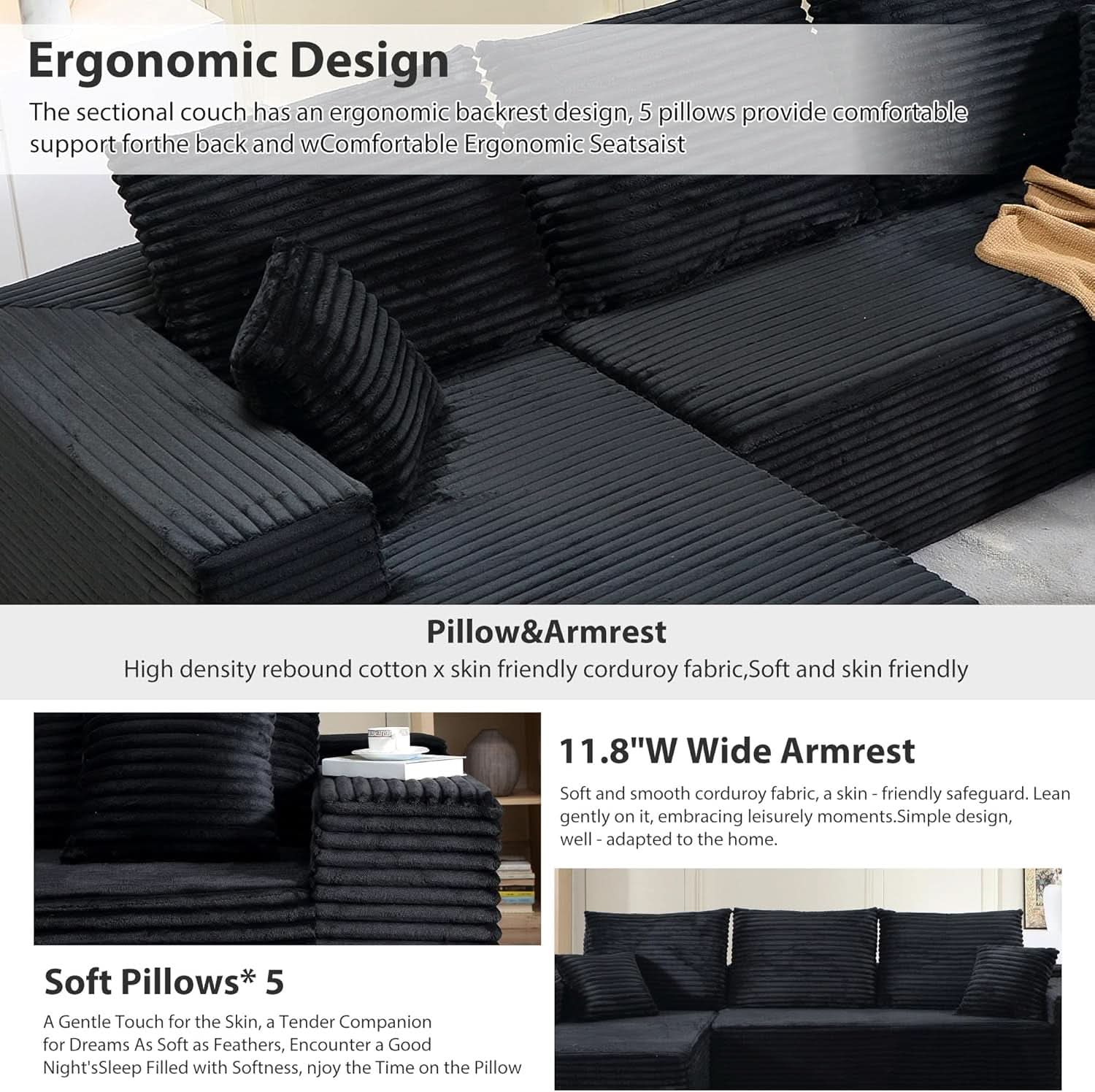 Black L-Shaped Cloud Sectional Sofa