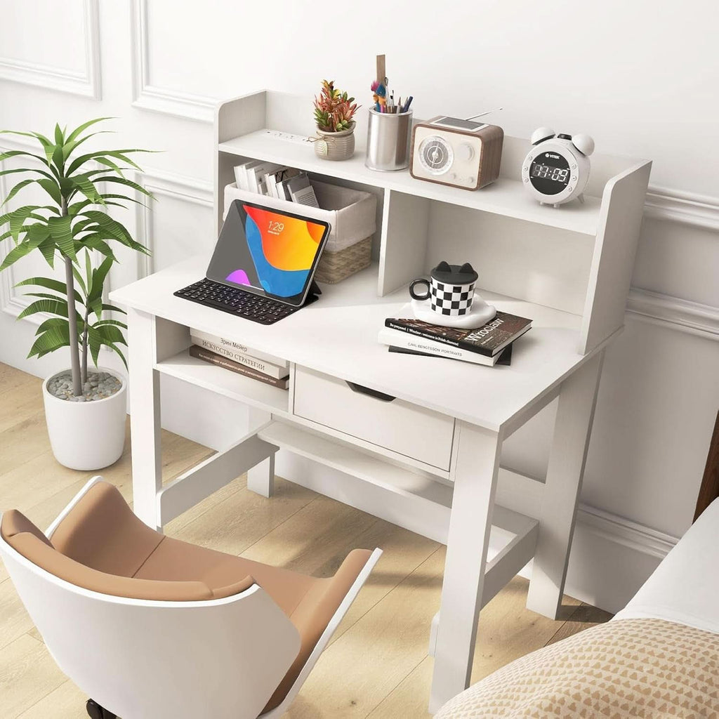 Modern White Computer Desk with Charging Ports and Storage