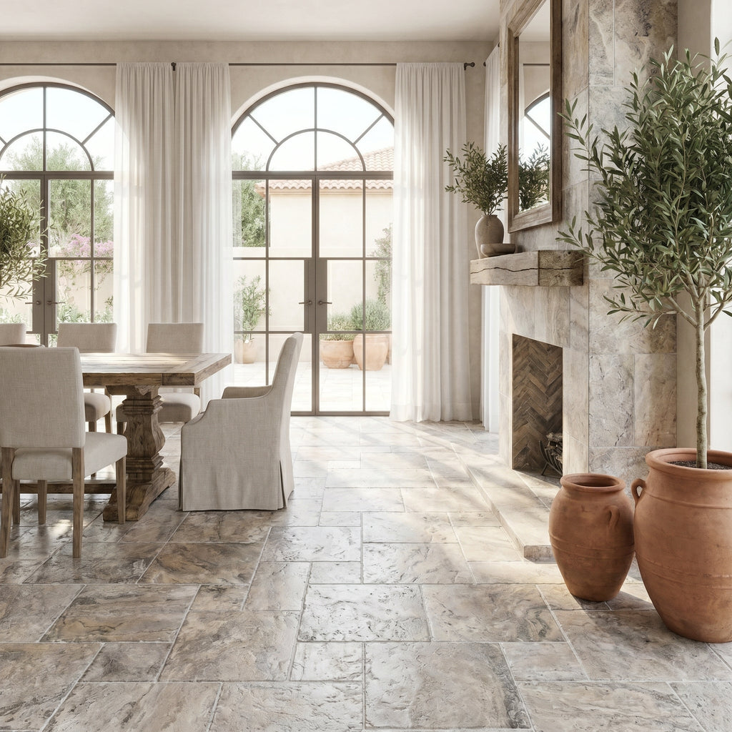 Silver Antique French Pattern Set Travertine Tile-Tumbled