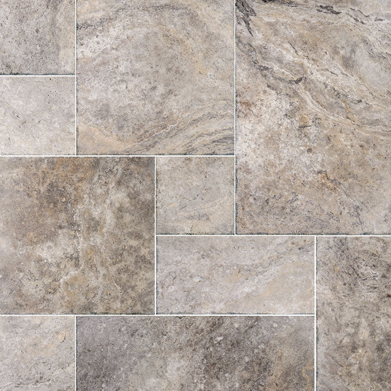 Silver Antique French Pattern Set Travertine Tile-Tumbled